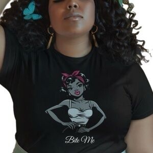 Jerzees Black Soft Short Sleeve T Graphic Print Sassy Pin Up Girl Bite Me
